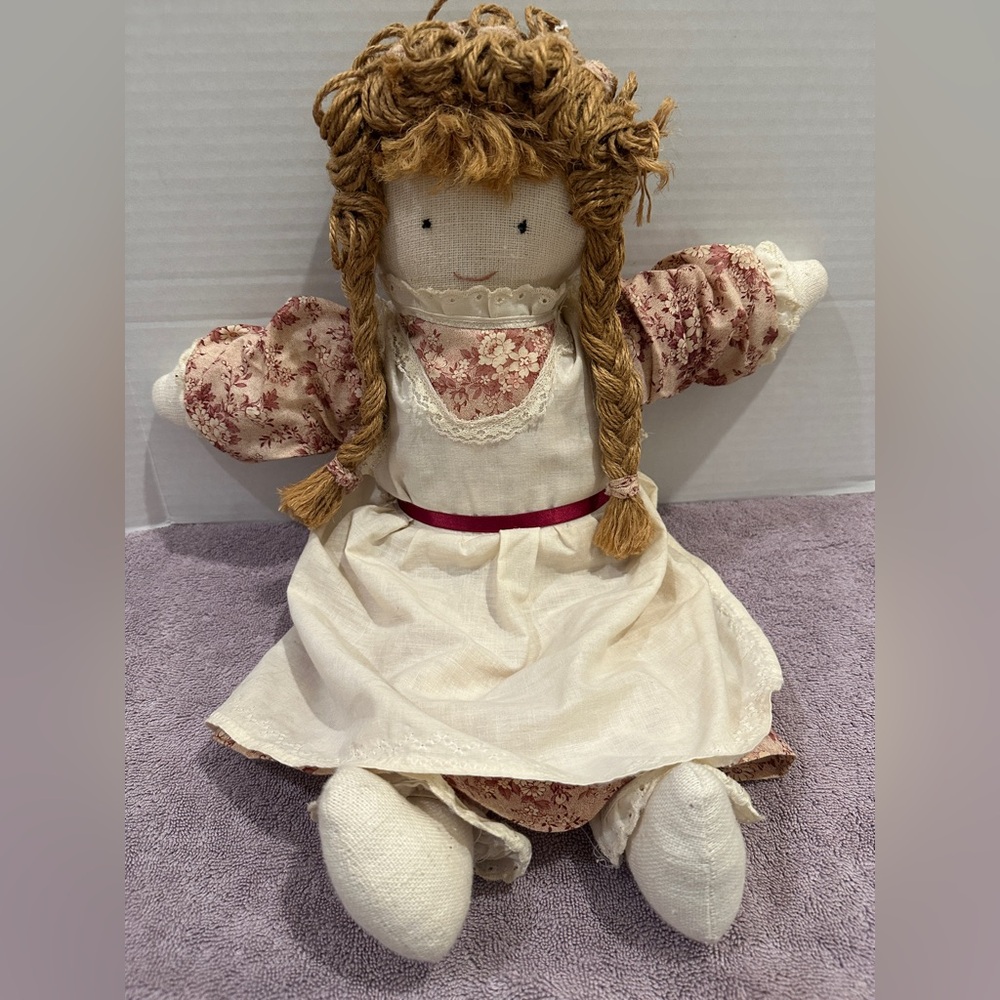 Vintage Rustic Handmade Rag Doll Plush 19” Burlap Body Jute Twine Hair